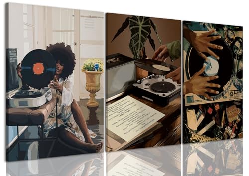 AOYUSMO 3 Piece Black Girl Wall Art African American Wall Decor Black Woman Canvas Art Fashion Music Pictures Dj Studio Paintings Trendy Artwork For Living Room Bedroom - color: Record Girl, size: 16x24in