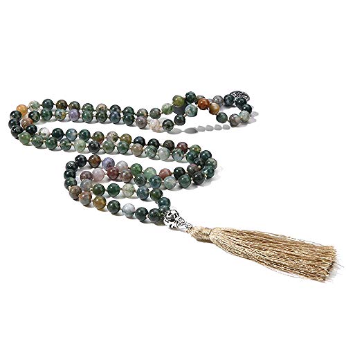 108 Mala Beads Necklace Semi-Precious Gem Stones Meditation Necklace 108 Hand Knotted Japa Mala Beaded Tassel Necklace with Tree of Life Pendant - color: Natural India Agate