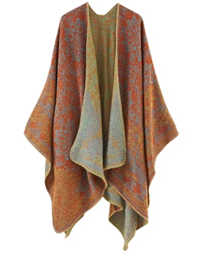Women's Shawls and Wraps Open Front Poncho Cape Winter Sweater - color: O41-orange Court