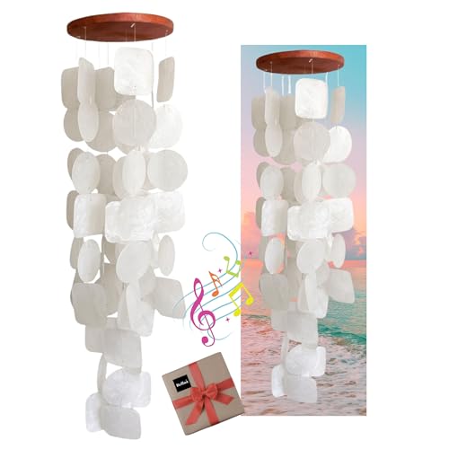 Bellaa 22913 Wind Chimes Outdoor, Garden Decorations, Musical, Indoor/Outside Windchimes, Beach, Ocean Breeze, Gifts for Mom, Gift for All Occasions, Capiz Sea Glass Shells Wood White 27 inch - color: White Wind Chime