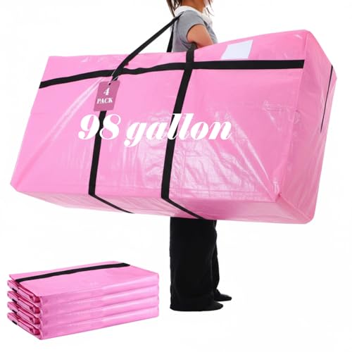 4 Pack 98 Gallon Extra Large Moving Bags XXL Heavy Duty Storage Bag with Strong Zipper Handle Jumbo Big Tote Box Foldable for College Dorm Travel Clothes Duffle Blanket Pillow(Pink) - color: Pink, size: 98 Gallon