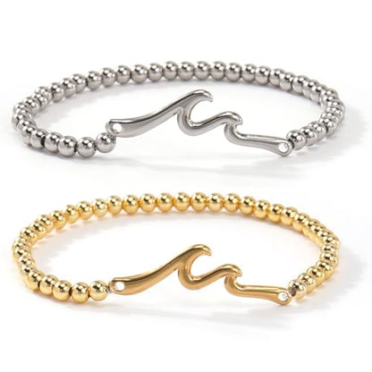 Wave Bar Stainless Steel Bead Bracelets Set, Gold and Silver Tone Stretch Minimalist Jewelry for Women and Men