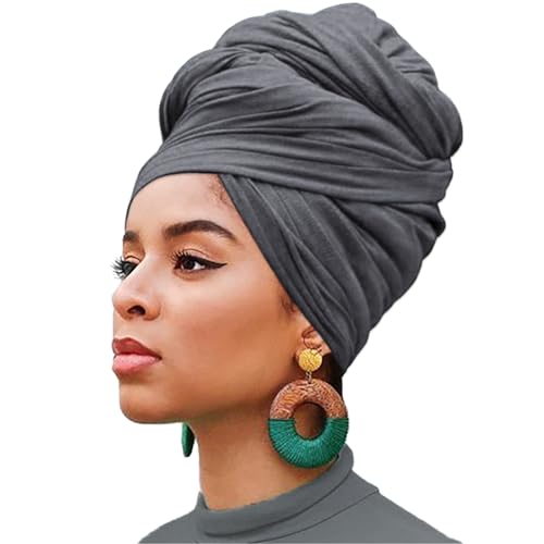 XTREND 1 Piece Stretch Head Wrap Jersey Turban Long Hair Scarf Soft Fashion Headband Solid Color Breathable African Knit Head Scarves Turban Tie for Women (Dark Gray) - color: Z1 Dark Gray
