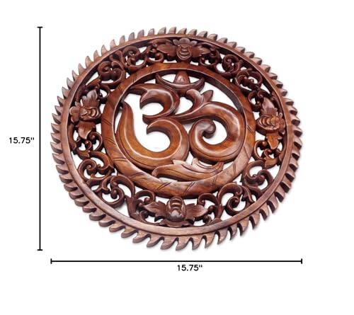 NOVICA Artisan Handcarved Wood Wall Relief Panel Om Motif from Bali Brown Indonesia Decor Panels Hinduism East Meets West Spiritual Religious Balinese Traditional Carvings [0.8in H x 15.75in Diam.]