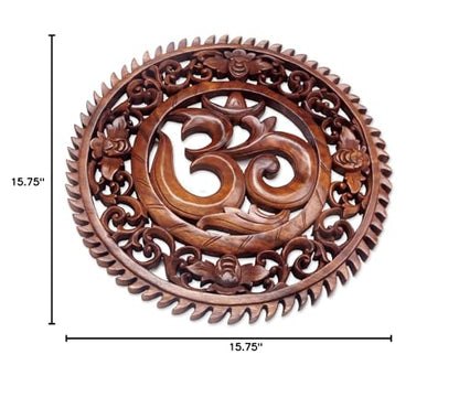 NOVICA Artisan Handcarved Wood Wall Relief Panel Om Motif from Bali Brown Indonesia Decor Panels Hinduism East Meets West Spiritual Religious Balinese Traditional Carvings [0.8in H x 15.75in Diam.]