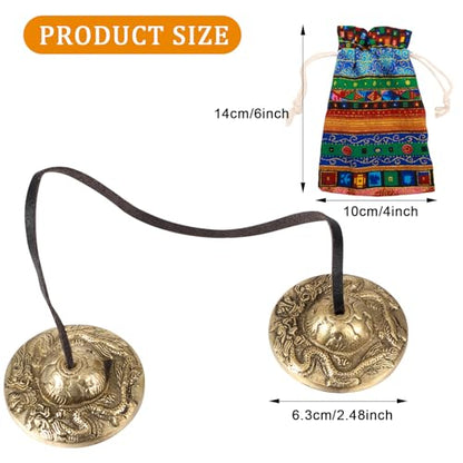 Boao Tibetan Bells Tingsha Cymbals Meditation Chime Bells with Tibetan Drawstring Cloth Bag, 6.3 cm Yoga Finger Meditation Chime for Percussion Instrument(2 Dragons with Bell Embossed) - color: 2 Dragons with Bell Embossed