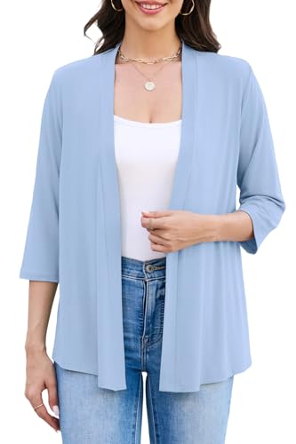 Yekaty 3/4 Sleeve Cardigan for Women Lightweight Thin Open Front Summer Soft Drape Cardigans - color: Light Blue, size: Medium