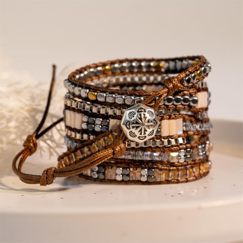 YGLINE Natural Stone Wrap Bracelet for Women Boho Bracelets Healing Crystal Beaded Bracelet Adjustable 3/5 Wraps Bracelet Handmade Birthday Gifts for Women - color: grey