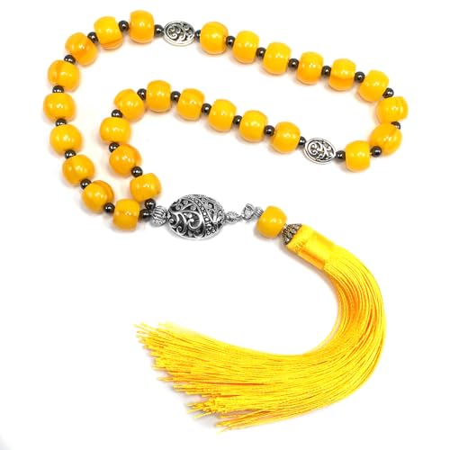Mala Prayer Beads - Mala Necklace - Tibetan Mala Prayer Beads Meditation Beads Yoga Necklace - color: (POCKET MALA)-Yellow Resin Drum -13X9 mm- 27 Beads