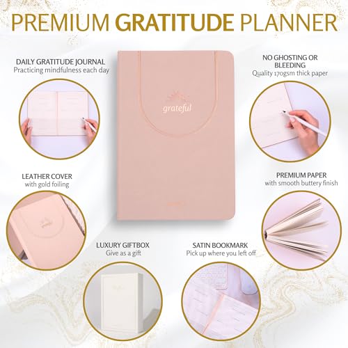 Gratitude Journal – Daily Mindfulness & Wellness Notebook with Premium Leather Cover, Guided Prompts, 170gsm No-Bleed Paper, Gold Foil, Satin Bookmark & Luxury Gift Box for Women & Men (Nude)