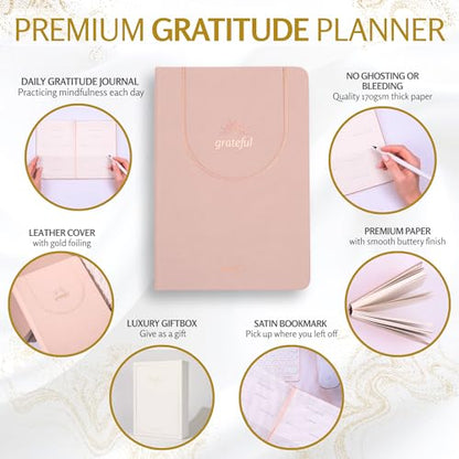 Gratitude Journal – Daily Mindfulness & Wellness Notebook with Premium Leather Cover, Guided Prompts, 170gsm No-Bleed Paper, Gold Foil, Satin Bookmark & Luxury Gift Box for Women & Men (Nude)