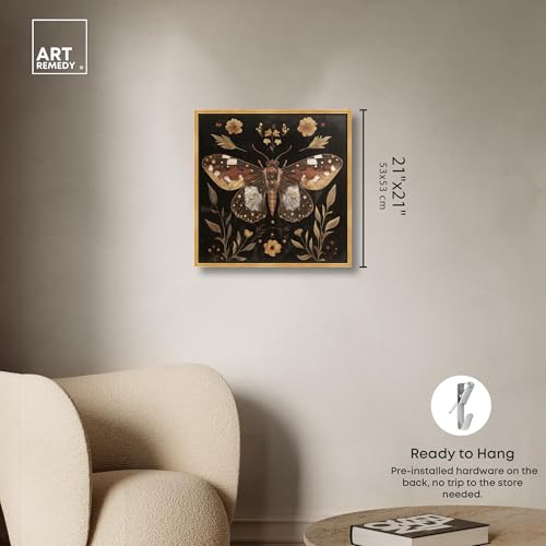 Moth and Moonflowers Canvas Folk Art Prints, Gold Frame, 20" x 20" - color: Gold Frame, size: 21"L x 21"W