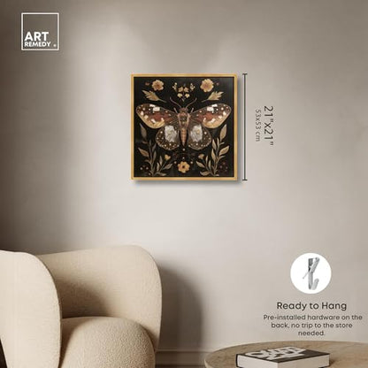 Moth and Moonflowers Canvas Folk Art Prints, Gold Frame, 20" x 20" - color: Gold Frame, size: 21"L x 21"W