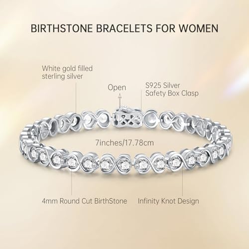 Birthstone Bracelets for Women, Sterling Silver 7 Inch Infinity Tennis Bracelet, Wedding Anniversary Birthday Jewelry Gifts for Women Wife Girlfriend Mom Her - color: 04-Apr-Cubic Zirconia