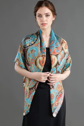 ANDANTINO 100% Silk Scarf 43" Large Square Lightweight Headscarf& Shawl–Women Hair Wraps-With Gift Packed - color: Paisley-blue