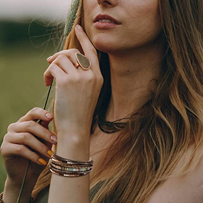 Fesciory Leather Wrap Bracelets for Women, Boho Leopard Multi-Layer Crystal Beads Cuff Bracelet Jewelry - color: Boho Braid(Brown)