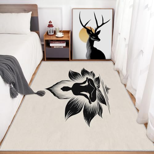 5x7 Washable Yoga Area Rugs for Living Room, Zen Lotus Rug for Bedroom, Yoga Spiritual Home Decor, Non Slip Low Pile Soft Thin Indoor Carpet D&T55