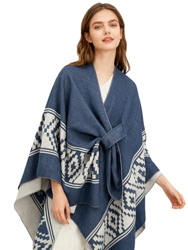 Women's Elegant Shawl Wraps, Soft Open Front Poncho Cape, Reversible Casual Cardigan Shawls for Gift Travel - color: Bronze Blue-white