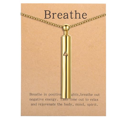 Anxiety Breathe Easy Necklace Mindfulness Breathing Necklace Breathlace Stainless Steel Pendant for Natural Calm & Stress Relief - color: Gold T