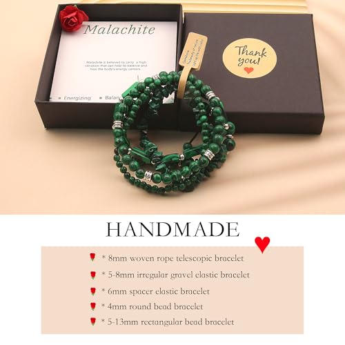 5Pcs Healing Crystal Bracelet for Women Men, Handmade Adjustable Gemstone Bracelets Beaded Reiki Energ Bracelet Set Jewelry Gifts for Women Men - color: Malachite