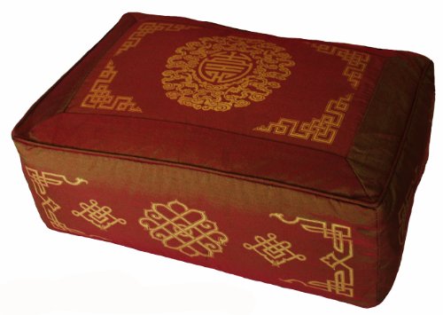 Rectangular Zafu Seat Meditation Cushion Buckwheat and Kapok Fill - Silkscreen Sacred Symbols (Longevity Saffron) - color: Longevity Saffron
