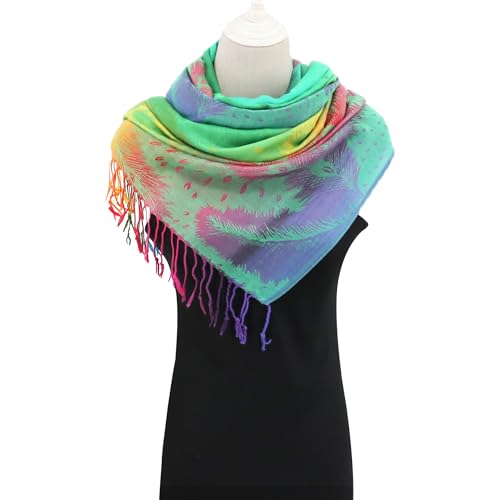 Rave Pashmina Scarf, Fashion Colorful Shawls and Wraps Soft Festival Scarves - color: B-green (Feather Pattern)