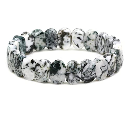 Keleny Semi Precious Stones 14mm Faceted Oval Beads Crystal Rock Elastic Bangle 7.5 Inch - color: Green White Tree Agate