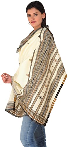 Exotic India Shawl from Kutch with Embroidered Bootis and Mirrors - Wool - color: Winter White
