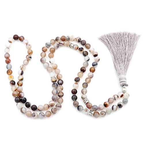 mala Beads Necklace for Women Man, mala Bracelet, Prayer Beads Necklace - color: Botswana agate
