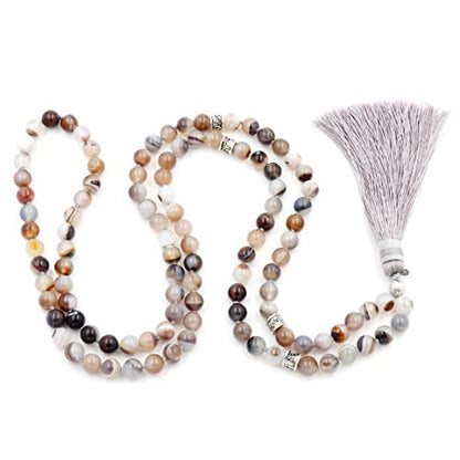 mala Beads Necklace for Women Man, mala Bracelet, Prayer Beads Necklace - color: Botswana agate