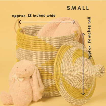 Small Yellow Basket - Organize Bedroom, Living Room, Nursery - Laundry Hamper, Toy Bin, Blanket Storage, Towels Holder - Decorative, Boho Style - Wicker, Woven, Lid, Handles - size: Small