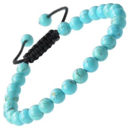 MASSIVE BEADS Natural Healing Power Gemstone Crystal Beads Unisex Adjustable Macrame Bracelets - color: Blue Turquoise, size: 6mm