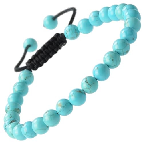 MASSIVE BEADS Natural Healing Power Gemstone Crystal Beads Unisex Adjustable Macrame Bracelets - color: Blue Turquoise, size: 6mm