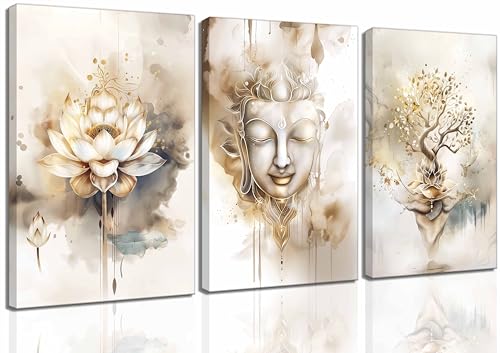 3Pcs Zen Canvas Wall Art Tree of Life Lotus Flower, Buddha Painting Pictures Wall Decor Poster Print Artwork For Living Room Yoga Room Hotel Bedroom Home Decoration - color: Canvas, size: 16L''x12W''