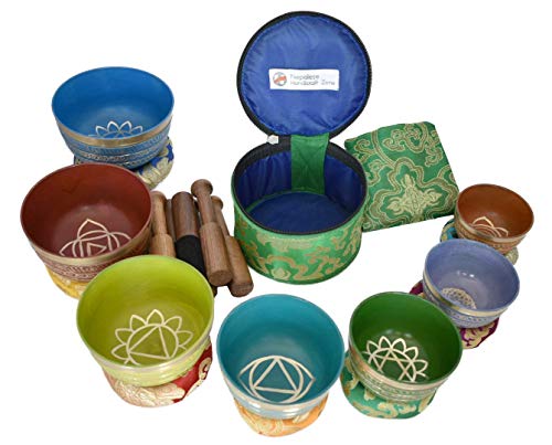 NHZ Chakra Healing Tibetan Singing Bowl Set of 7 for Meditation- Himalayan Singing bowls (Green) - color: Green