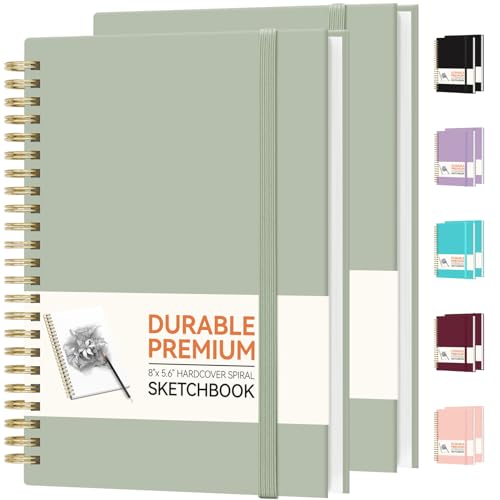 Forvencer 2 Pack Blank Spiral Notebook, 8"x 5.6"Hardcover Sketch Book, 100GSM Thick Paper, Art Sketchbook for Women & Adult, 100 pages / 50 Sheets Drawing Book Journal for School Office Drawing, Green - color: Green