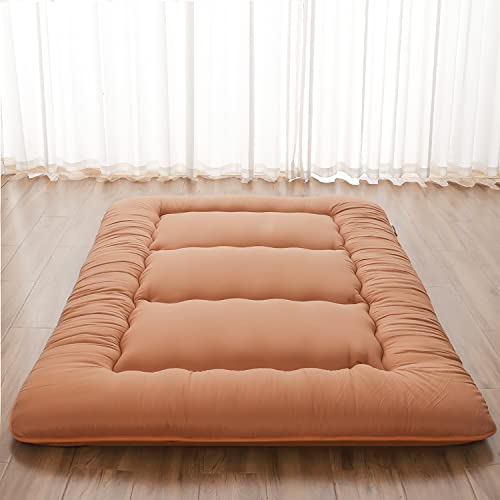 Zelladorra Japanese Floor Mattress, Futon Mattress with Portable Storage Bag and Washable Cover, Roll Up Thick Tatami Mat Suitable for Camping, Guest Room, Light Coffee, Twin - color: Light Coffee ( 4"th + Dust Cover ）, size: Twin (80"L x 39"W)