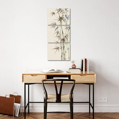 KREATIVE ARTS 3 Piece Bamboo Canvas Wall Art Set Zen Print with American Robin Bird Chinese Painting Triptych Botanical Plant Artwork Asian Wall Decor for Yoga Spa Each Panel 12x16