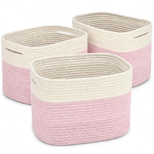 OrganiHaus Pink Cotton Rope Baskets for Shelves, Set of 3 - 15"×10"×9½" - Colorful Storage Baskets for Kids - Nursery, Playroom, Classroom - Toy Storage, Books, Towels - color: Pink / Off-White