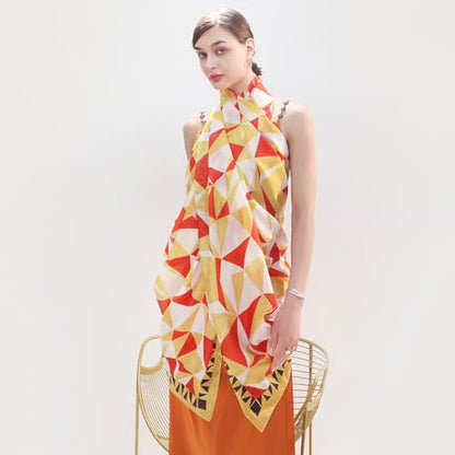 100% Mulberry Extra Large Silk Pashmina Scarf Shawls And Wraps For Women Evening Dress Summer Travel Floral Blanket - color: Orange Geo Muse