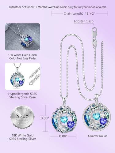 TOUPOP s925 Sterling Silver Family Celtic Tree of Life Pendant Necklaces with 2 Heart Birthstone with Blue Austrian Crystal Jewelry Birthday Valentines Day Gifts for Her, Anniversary Christmas Gifts for Wife Girlfriend Mom (18K Real White Gold Filled) - c