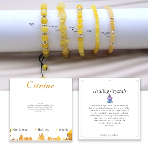 5Pcs Healing Crystal Bracelet for Women Men, Handmade Adjustable Gemstone Bracelets Beaded Reiki Energ Bracelet Set Jewelry Gifts for Women Men - color: Citrine