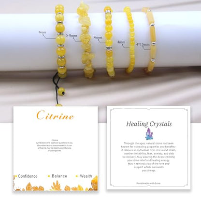5Pcs Healing Crystal Bracelet for Women Men, Handmade Adjustable Gemstone Bracelets Beaded Reiki Energ Bracelet Set Jewelry Gifts for Women Men - color: Citrine