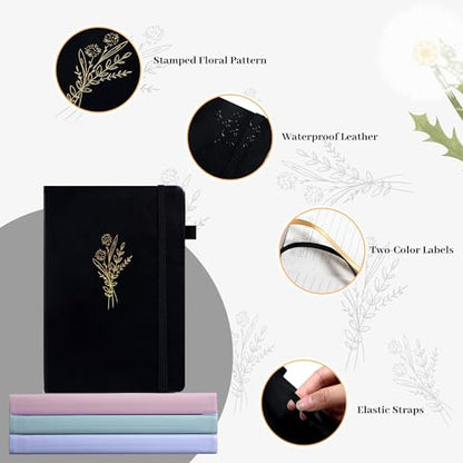 Lined Journal Notebook for Women Cute Leather Journals for Writing Aesthetic Floral Diary 192 Pages A5 Hardcover Journaling Notebooks with Pen Loop, 5.7 x 8.3 in, Black - color: Black