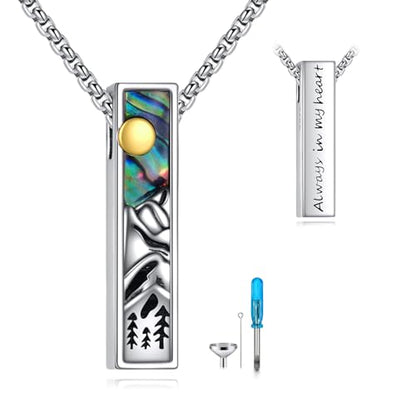 Cremation Urn Necklaces for Ashes Sterling Silver 3D Vertical Bar Memorial Pendant for Loved Ones Keepsake Cremation Jewelry Gifts for Women Men - style: Mountain