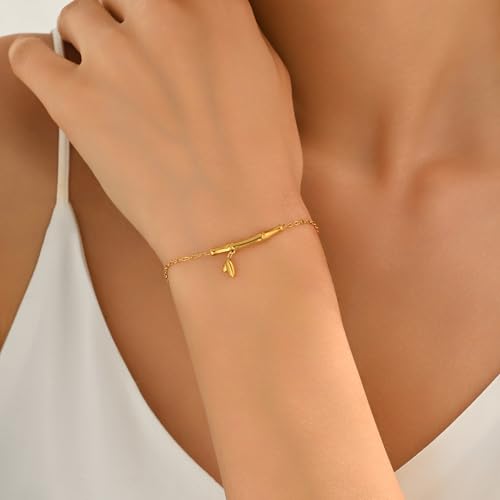18K Gold Plated Hand Chain Bracelets for Women, Dainty Cubic Zirconia, Heart, Beads, Bamboo Link Charm Bracelet, Trendy Adjustable Finger Ring Bracelet, Hand Chain Jewelry, Christmas Gifts - style: Bamboo