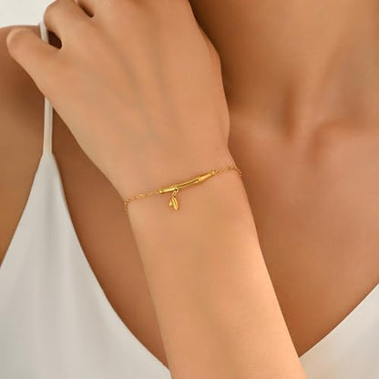 18K Gold Plated Hand Chain Bracelets for Women, Dainty Cubic Zirconia, Heart, Beads, Bamboo Link Charm Bracelet, Trendy Adjustable Finger Ring Bracelet, Hand Chain Jewelry, Christmas Gifts - style: Bamboo