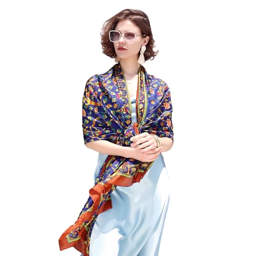 100% Mulberry Extra Large Silk Pashmina Scarf Shawls And Wraps For Women Evening Dress Summer Travel Floral Blanket - color: Midnight Amber Garden