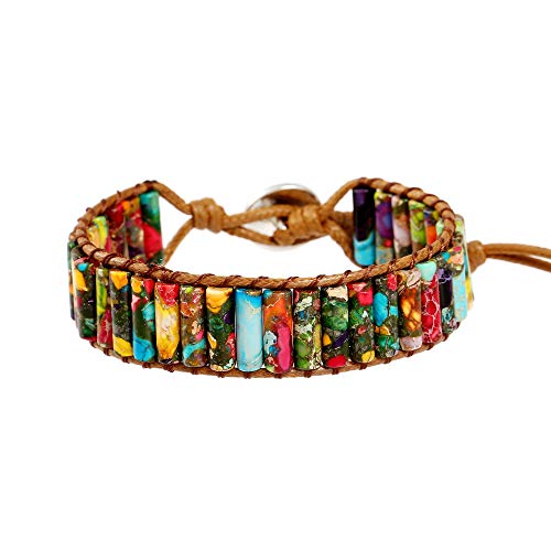 Plumiss Women Boho Handmade Natural Stone Crystal Leather Bead Wrap Bracelets Collection - style: Colorful Jasper 1W