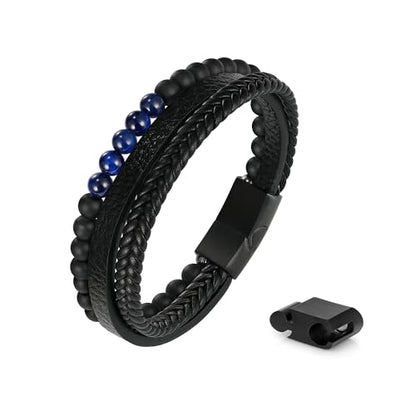 Leather Bead Bracelets for Men, Natural Tiger Eye Lava Rock Stone Bead Magnetic Clasp Adjustable Leather Bracelets Stress Relief Mens Anxiety Bracelet Mens Jewelry Gifts - style: Black Leather-Matte Agate&Blue Tiger Eye